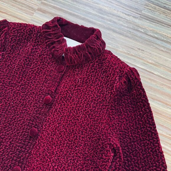 Burgundy Crushed Velvet Cardigan Jacket Ruched Texture Vintage Jeune Jeunesse - Picture 2 of 8